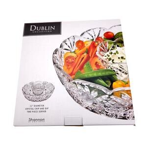 Godinger Dublin 12" Chips And Dip Crystal Serving Bowl Two Piece With Dip Cup
